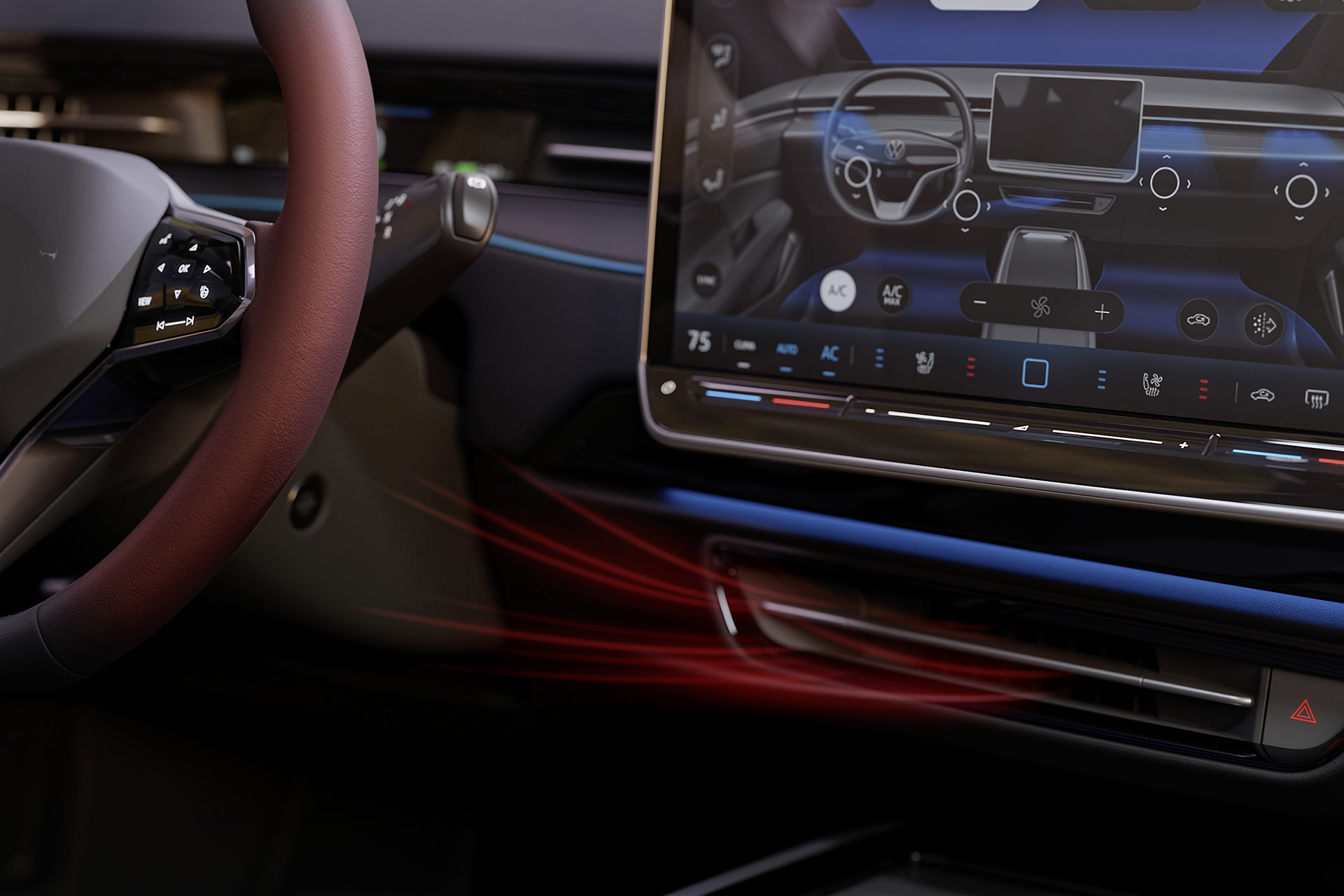 Warm your hands by voice command – very easy in the ID.7: The steering wheel heating is activated automatically, in addition, air flows specifically to the hands on the steering wheel.
