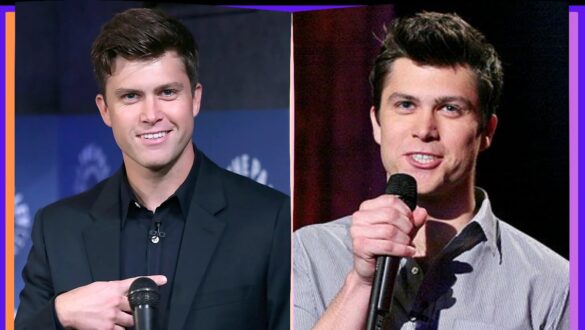 "Colin Jost standing on red carpet showing his height next to Scarlett Johansson"
