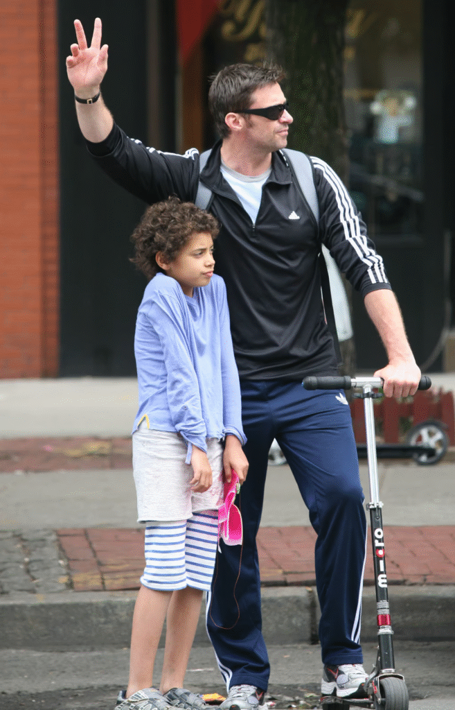 Oscar Maximilian Jackman walking with Hugh Jackman in NYC