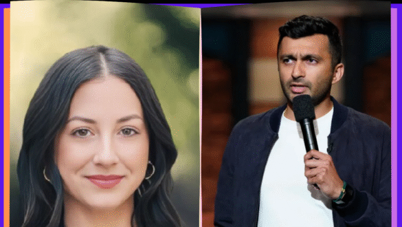 alt="Comedian Nimesh Patel with wife Amy and their daughter"